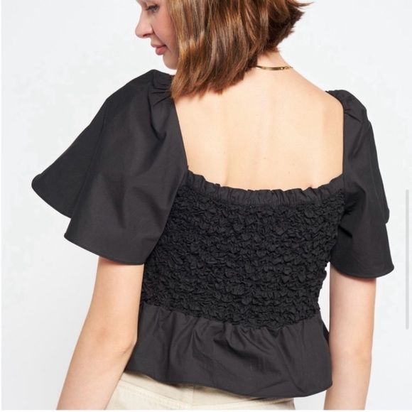 Mare Mare black top blouse shirred peplum bows ties Anthropologie Anthro - Picture 7 of 7